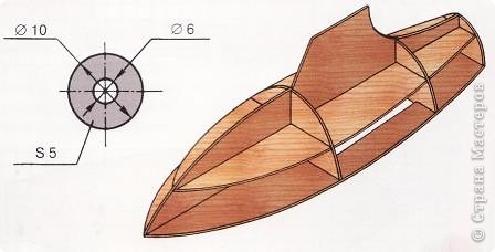 Перед сборкой корпуса в верхней палубе просверливается отверстие под мачту диаметром 6,5 мм, а к нижней палубе приклеивается бобышка. После того как корпус собран, в секции вклеиваются деревянные брусочки, которые должны плотно подходить ко всем сопрягаемым плоскостям. Использовать клей ЭДП или «Клефикс супер 0402». Высохший корпус обрабатывается напильником и наждачной бумагой до получения заданных обводов корпуса. Обработанный корпус пропитывается горячей олифой, и делается разметка стоек руля и механизма управления. Стойки изготавливаются из стальной проволоки диаметром 0,5-0,8 мм. (фото 4)