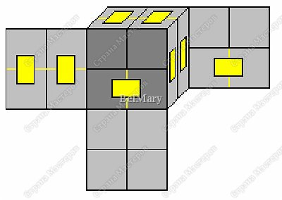 Далее нужно склеить кубики между собой. Хорошо разберитесь с позициями шарниров. Вы должны соединить восемь одинаковых кубиков восемью кусочками скотча (показан желтым цветом) или небольшими "язычками" бумаги. (фото 4)