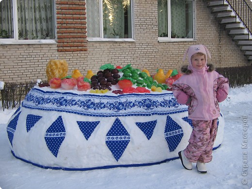 В нашем садике прошел конкурс на лучшую постройку из снега. Наверняка многим родителям это знакомо.. Наши все приступили к работе с большим энтузиазмом и вот результаты. Получилось все так красиво и ярко , что все жители ходили фотографироваться , как на выставку :-) 

ваза с фруктами (фото 1)