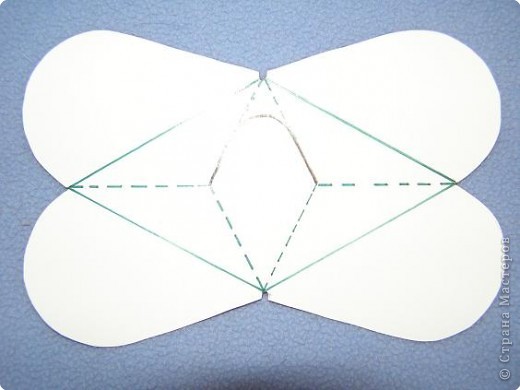Прямая линия-сгибаем на себя. Пунктирная линия-сгибаем вовнутрь. Полуовал в середине- прорезаем. (фото 2)
