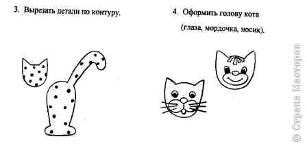 3. Вырезать детали по контуру.
4. Оформить голову кота (глазки, носик, щечки). (фото 3)