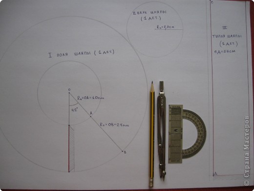 Нам понадобится лист ватмана марки "Гознак", чертежные инструменты, клей ПВА и отделочный материал. Все расчеты представлены для окружности головы длиной 56 см. Радиус верха шляпы 8,9 см!!! Надо постараться точно соблюдать указанные размеры для того, чтобы все детали при склеивании совпали. (фото 2)