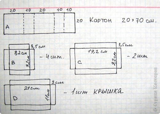 Понадобятся вот такие заготовки из картонной коробки. Мне дали коробку в магазине бытовой химии, и были еще свои остаточки. Картон тонкий и очень плотный. толщина 1,5 мм. Все расчеты делала, исходя из этой толщины. (фото 4)