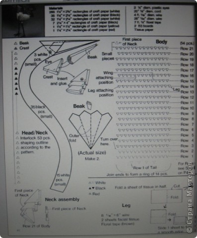 Для "Журавлика" понадобится: 288 белых моделей из листа 4х7 см, 35 черных (3х5.7 см), 32 белых (3х5.7 см), 7 черных (5.7х10 см), 1 желтый (4х4 см), 1 красный (3х5.7 см). Туловище и шею собираем по приведенной схеме. (фото 3)
