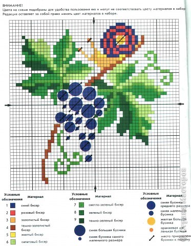 Вышивали по этой схеме. Подбор цветов не сложный. Главная изюминка здесь в бусинах , изображающих виноградную гроздь. Возможно, вам удастся подобрать похожие. (фото 4)