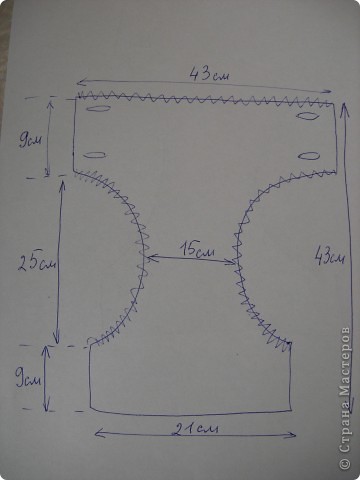 Это чертёж подгузника без припусков.Надо три таких детали:яркая износотсойкая,клеёнка и сеточка.Зигзаг где резинка.Все детали сшить,прокладывая где нужно резинку и со всех сторон бейку.Сеточку сверху на узской части не пришивать,оставить свободную.Получится карман между сеткой и клеёнкой.Туда и закладывать пелёнку.Проделать дырки-петли на задней,широкой части.Пришить пуговицы. (фото 8)