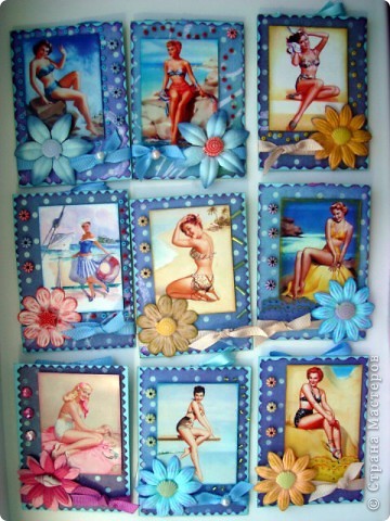 Моя новая подарочная серия АТС "Pin-up girl или девушки с обложки", давно хотела сделать карточки с этими красивыми девушками, в данной серии, в морском стиле!!! Возможно, будет и продолжение!!! Картинки распечатаны в типографии, цветочки готовые, в центре цветочков ракушки разных форм, выполнены на скрап бумаге!!!
 Выбирают, если понравится: Ольга (helga-YAK), Юлечка (Yulia L), Катюша (Kateryna), Наташенька (na-ta-li), Татьяна Имполитова, Олечка (Захария), Алена (Алена Александровна)