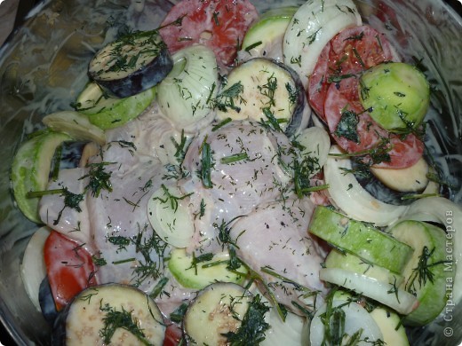 Берем большую миску, выкладываем туда овощи, мясо. Заливаем все это кефиром, добавляем специи, лимонный сок, все хорошо перемешиваем, закрываем крышкой и ставим на часик (можно и дольше) в холодильник.
(фото 4)