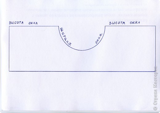 Схема шторы. Необходимо измерить высоту и ширину окна.
Ширина самой ткани не должна быть меньше ширины окна.
Готовая тесьма для штор с петлями пришивается к округлой выемке (ширина окна на схеме). (фото 3)