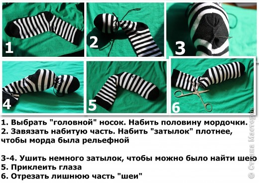 Начнем мы, пожалуй, с головы. Выберите "верхний" носок и набейте его. Набив половину мордочки, туго завяжите ее ниткой и продолжайте набивать уже до затылка. Этот садистский метод поможет вам сделать мордочку рельефной. Набив голову, срочно снимите нитку и больше никогда не мучайте так своего Зебра! Чтобы в последствии Зебр был стройным и элегантным, немного ушейте затылок. Это позволит "увидеть" его изящную шейку.
И не забудьте про глаза! 
В конце вам нужно будет решиться на страшнейшую операцию - отрезать Зебру лишнюю часть шеи, чтобы он не был похож на полосатого жирафа. Страшно, но необходимо. (фото 3)