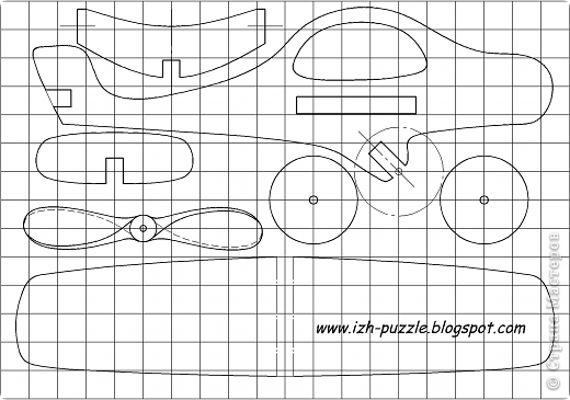 Чертеж - вторая версия, добавлены пропеллер и стойка шасси. 
1 клетка = 10мм 
Винт из дощечки толщиной 8мм, остальное можно сделать из фанеры 4-6мм (фото 6)