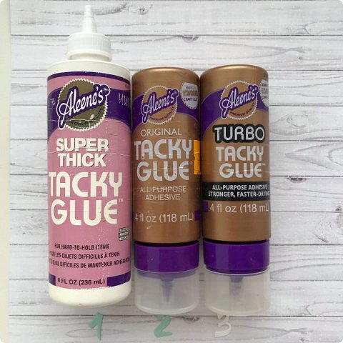 Итак, ПВА
Семейство Таки:)))
№1 Aleene's Super Thick Tacky Glue Отличная замена горячему клею. Можно клеить тяжелые детали, ракушки, шишки, цветы и др. ОООЧень густой! При этом носик  для этой густоты тонковат:), но можно чуть дальше срезать. 
№2 Aleene's Always Ready Original Tacky Glue . Универсальный клей. При загустении можно разбавить водой. Для склеивания бумаги клей лучше наносить кистью тонким слоем. Дружит с бумагой, картоном, кожзмом, тканью. Важно не разводить слякоть . Быстро и тонко нанесли и приклеили, при этом желательно на нужной место:)

№3 Aleene's Always Ready Turbo Tacky Glue Универсальный клей, как и предыдущий. Обладает более тягучей текстурой чем original, быстро схватывается, так заявил производитель, но как для меня  они оба равноценны. Кстати бумага плотностью 180, деформируется, если ее не положить под пресс, желательно до полной просушки. Плотнее бумага , кардсток и картон ведут себя корректно, но я всегда до оформления кладу открытки под коврик :)))
О покупке этого семейства не пожалела.  
В этом семействе есть еще клей,  Acid-free Tacky Glue , в моих руках он не бывал, его преимущество в том, что он является щадящим для фото, не даст желтизны в последствии. (фото 2)