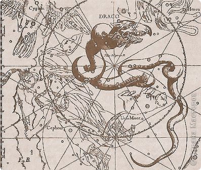 так рисовали созвездие Дракона в старинных атласах. Легенда о том, как появилось созвездие Дракона: на свадьбу Зевсу и Гере богиня земли Гея подарила яблоню, которая раз в год приносила по три золотых яблока.  Гера увезла яблоню на западный край земли в сад гесперид и поставила охранять дерево страшного дракона. Царь еврисфей отправил Геркулеса на последний двенадцатый подвиг добыть яблоки. Геркулес победил дракона. А Гера превратила дракона в созвездие и оставила его на небе. Там голова дракона находится у ног Геркулеса, напоминая о последнем подвиге Геркулеса.  (фото 6)