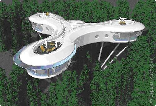 Такие дома придумала и разработала британская фирма Sybarite UK и назвала их Tree House. Я хожу на курсы английского и уже знаю, что название состоит из слов tree - дерево и house - дом. 
Вот их модель. Подробнее про нее можно прочитать в интернете. 
Идея такого дома мне очень понравилась, только я решила, что было бы интереснее, если бы такие дома были разноцветные и могли располагаться над любыми деревьями. Поэтому свою модель я сделала голубого цвета и расположила над пальмами.
 (фото 14)