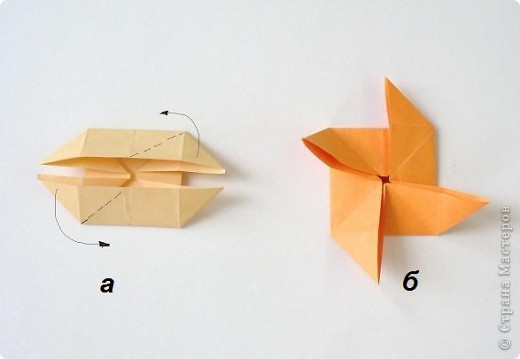 Из квадрата бумаги( удобно использовать квадратики цветной бумаги для заметок) сложить базовую форму "катамаран"(фирурка а). Как её сложить см.ссылку ниже.
Два  угла загнуть, как указывают стрелки: один вниз, другой вверх.
Бумажная вертушка готова ( фигурка б) Это классическая модель оригами. (фото 8)