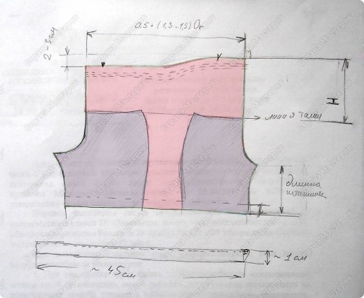 а это схемка- выкройка :))
сиреневое - основа переснятая с имеющихся штанишек,
Н - высота грудки +5..6 см напуска
 пунктиром - место нитки-резинки
Ог -обхват груди 
так что по этой схемке можно построить выкройку на девочку ну где-то лет до 7 :)) (фото 5)