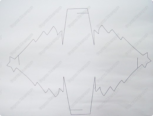Схема елки. Упаковка собирается без клея и держится за счет прорезей. По пунктирам сгибаем боковушки. Ой, забыла пунктир нарисовать слева и справа. (фото 7)