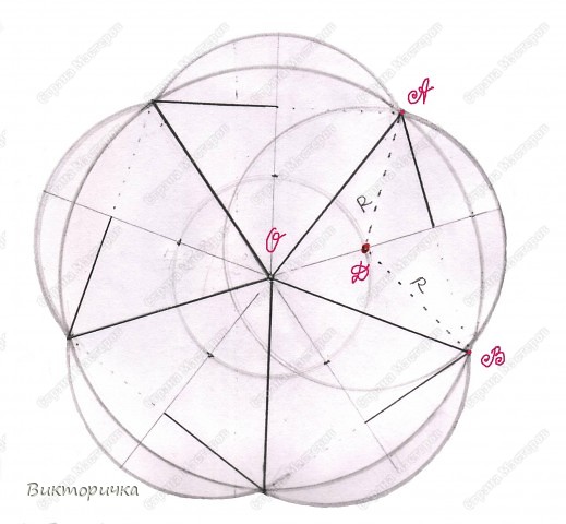 Теперь, пройдясь по каждой  точке аналогичной точке Д,, обозначим новые окружности с радиусом R. Они и станут нашими "лепестками".
Шаблон практически готов. (фото 12)