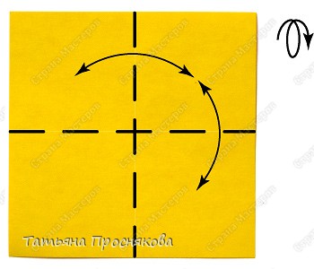 Возьми квадрат бумаги. Согни его пополам и разогни в обоих направлениях. (фото 1)