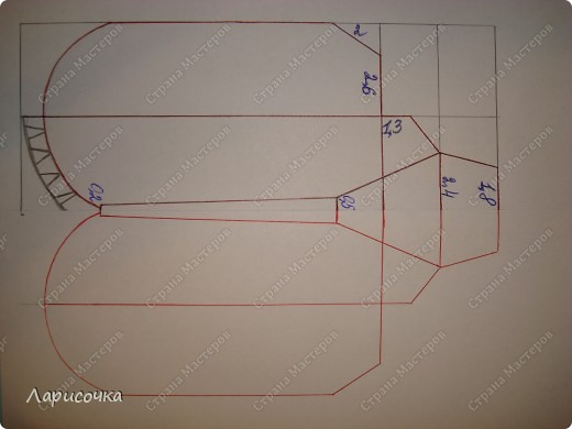 Далее развернула по линии сгиба и перенесла чертёж на другую сторону.
Вот что получилось. Размеры дала в сантиметрах!!!!  (фото 5)