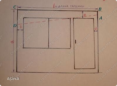 Для начала необходимо определиться с размерами "складочек".
1. Измеряем длину гардины (размер ВС), в том случае, если складки будут по всему окну. Если складки как на этом фото https://podjem-tal.ru/node/50200 ,то определяем нужный размер.
2. Определяем длину АВ. Здесь нужно обратить внимание на расположение окна и балконной двери (если есть): складки не должны мешать при открывании. 
3. Измеряем длину CD. Размеры АВ и СD могут быть равными, но я люблю, когда низ складок не ровный. Размер CD на 20 см min должен быть больше АВ.
 (фото 2)