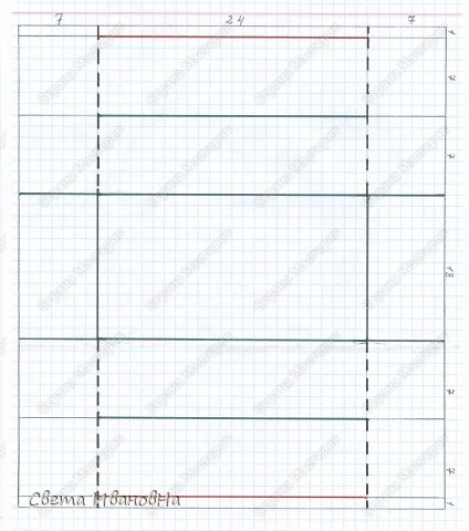 Это схема нижней части коробки. Т.к. на рисунке плохо видны размеры в сантиметрах, описываю их) По горизонтали 7см-24см-7см, по вертикали 1см-7см-7см-13см-7см-7см-1см.
Условные обозначения)))
--- место разреза
красная линия -сгиб во внутреннюю сторону
зеленая линия - сгиб наружу (фото 2)