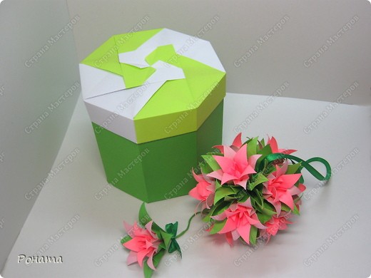 На этот раз решила сложить другую коробочку из книги Tomoko Fuse "Fabulous origami boxes" со стр. 80-81. Сначала использовала квадрат 21х21 см, чтоб проверить размеры готовой крышки. Получилось аж 18 см в ширину! Так что отлично подходит для больших кусудам, в отличие от коробки со стр. 36-37 - там из листов А4 крышка вышла всего 13 см шириной. Расчитав соотношение бумаги и готовой крышки, нарезала квадраты по 17 см. (фото 2)