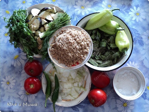 Нам понадобится:
Грецкие орехи (пропущенные через мясорубку) - 100 г
Баклажаны, нарезанные кубиками - 3-4 шт.
Фасоль стручковая молодая, отваренная - 300 г
Болгарский перец, нарезаный колечками - 3-4 шт.
Лук, порезан классически - 3-4 головки
Помидор (можно снимать кожицу, можно нет, можно заменить томатом, кетчупом)- 4 шт. 
Зелень - кинза, укроп, по одному пучку. 
Зеленый перец - 3 шт. 
Соль - по вкусу
 (фото 2)