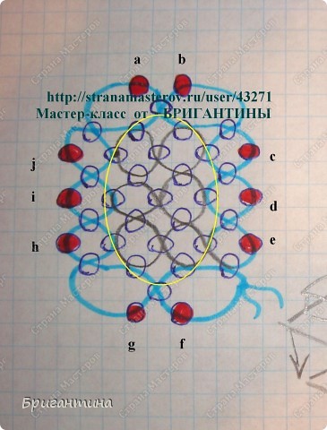 Теперь приплетаем к этой части кубики. Жёлтым овалом выделена часть которую плетёте первой, затем цепляете (за красные бисерины) к основной части, они ещё обозначены англ. буквами. (фото 7)