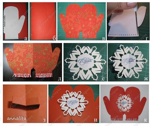     1.	Сложить бумагу вдвое, стороной с узором вовнутрь (рис.а).
    2.	Обвести шаблон так, чтобы края варежки с одной стороны приходились на сгиб (рис.б).
    3.	Вырезать по линии контура, не срезая место сгиба бумаги. Перелистнуть на лицевую сторону (рис.в).
    4.	По нижнему краю изделия с помощью шила или толстой иглы проколоть отверстия (0,4-0,5 мм друг от друга) (рис.г)
    5.	Обшить нитками нижнюю сторону открытки (как показано на схеме), оставляя петли длиной не более 1 см. Разрезать ножницами получившиеся внизу петли. Подравнять бахрому (рис.д).
    6.	Вырезать снежинку из квадрата размером 11см. Аккуратно разутюжить ее. Можно воспользоваться шаблоном, представленным на странице.
    7.	Сложить снежинку вдвое по вертикали (рис.ж)
    8.	Вырезать из бумаги полоску (10х75мм), используя для этого бумагу, оставшуюся от выкройки рукавички.
    9.	Сложить полоску по линиям сгиба и приклеить ее к основе (рис.з). Места клея обозначены длинной штриховкой. 
10.	Приклеить сверху снежинку (рис.и)
11.	Внутри открытки можно написать поздравление или украсить ее аппликацией. (фото 3)