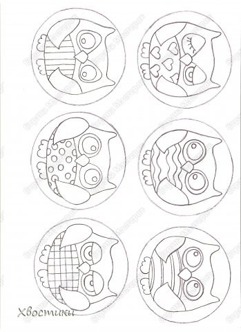 Даю шаблоны совушек (они подходят по размеру к круглым пластиковым крышкам типа, как от сметаны): (фото 12)