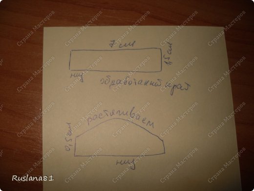 Середина-рюша делаем по рисунку. Затем края 0,5 см спаиваем. Низ собираем стежками и стягиваем одновременно вставляя палочку. (фото 9)