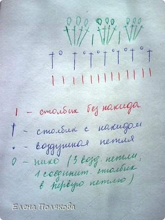 Обвязка розовых сандаликов: *ст. с н., пико, ст. с н., пико, ст. с н., пико, ст. с н. в один ст.с. н. предыдущего ряда, 1 ст. б н. в ст. с н. предыдущ. ряда*, повторять от * до *.
 (фото 4)