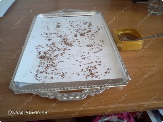 Этап второй. Возьмите лист бумаги, положите его в емкость. Рассыпьте немного кофе по площади листа. (Примерно 4-5 ложек.) (фото 3)