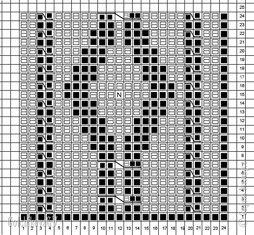  Это лицевая часть узора, начиная с 23 ряда повторение. 
 Схемку "косы" брала из книги "Волшебный клубок", но поскольку там двустороннее вязание, то адаптировала ее для одностороннего вязания. Составила схему в фотошопе. 
  (фото 3)