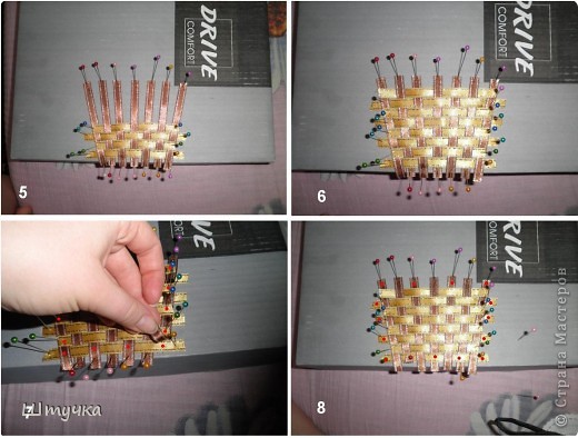 Рис.5. и рис.6
Начинаем делать корзинку. Для неё мне понадобился картон, ленты, иголочки и клей. На картон прикалываем ленточки в вертикальном положении. Потом, в шахматном порядке, горизонтально вплетаем ленточки (я использовала немного другой цвет).

Рис.7. и рис.8.
Теперь остается только закрепить кончики ленточек. Те ленточки, которые сверху(обозначены красными точками на рис.7), просто приклеиваем, а те, что снизу(обозначены красными точками на рис.8) - загибаем и приклеиваем. (фото 3)