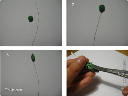 Хочу показать еще один вид веточек.
Катаем шарик, крепим его на проволоку (с клеем), вытягиваем, верхушку заостряем.
От основания до верхушки надрезаем ножницами (так делают клевер и шишечки)
 (фото 6)