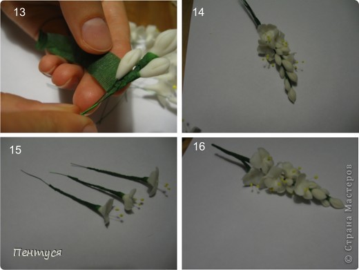 Маленькие цветочки креплю тем же способом.
Нижние обматываю каждый в отдельности, а потом по очереди к основной веточке. 
Вот что должно получиться. (фото 5)