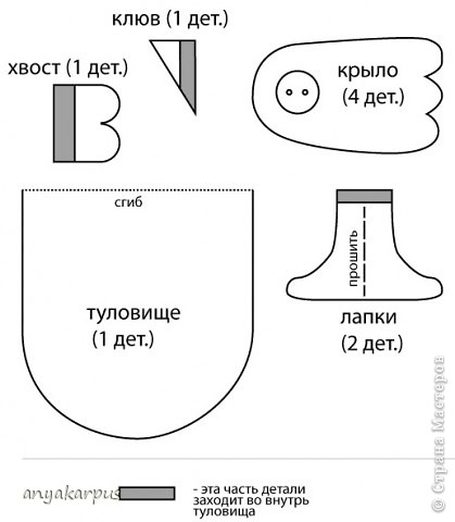 Это схема курочки. Деталь лапок следует прошить как хвостик швом вперед иглой и вставить в тельце по центру или сместив лапки и палочку в сторону клюва - курочку будет клевать зернышки. (фото 16)