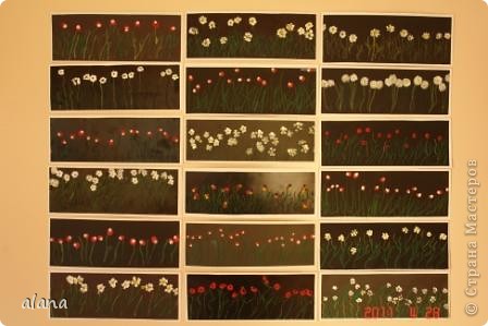 К уроку (1 кл.) приготовили мы восковые мелки, гуашь, ватные палочки и ... свои пальчики)
На половине листа черного картона мелками изобразили растущую зелень, а потом  кто-то пальчиками рисовал маки, кто-то ромашки, были даже анютины глазки... Многие ребята выполнили два варианта работы. . Палочки помогали прорисовывать детали. 
Ндааа, а сфотографировала работы я, по-моему, не очень удачно, т.к. наяву рисунки гораздо красивее, эффеткнее.  (фото 1)