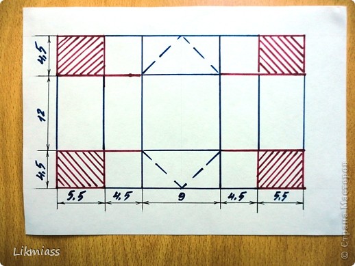 Это схема. По красным линиям режем, по синим складываем, по пунктирным  закладываем уголок, для того, чтобы Кружевница худенькой оставалась. То, что заштриховано ,вырезаем и отправляем на запчасти. Размеры вот только такие получаются из формата А4
 Вот здесь можно посмотреть и видео http://www.liveinternet.ru/users/angel_olenka/post160351228/  (фото 18)
