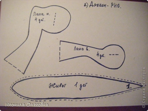Процесс шитья: все детали переносим на двое сложенную ткань... Живот 1 деталь, вырезаем заранее. Все прошиваем...Туловище прошиваем от 1. по верху детали, и заканчиваем под хвостиком. Лучше если под хвостом отставим больше не прошитого места, в силу того, что разная ткань ведёт себя непредсказуемо... (фото 3)