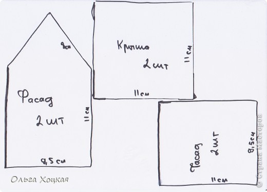 Теперь  дело за выкройкой. Свою, я делала сама. Вот она. Но в следующем я немного сделаю ниже стены, а то домик вышел высоковатым. 
Тесто надо раскатать толщиной 1-1,2см, и учитывать, что тесто поднимется и разойдется в стороны. Если тесто не достаточно крутое, то может и вовсе потечь, поэтому некоторые советуют сначала испечь небольшой пряничек, а потом решить, добавлять или нет муку. 
Когда вырезаны все основные деталт из остатков делается подставка. Все это на противень и в печь. (фото 6)
