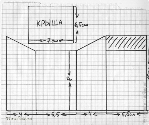 Для работы нам понадобятся:
-спичечный коробок;
-картон плотный;
-проволока;
-салфетка для уборки или флис;
-клей "Момент" и ПВА;
-краска;
-ножницы;
-и этот шаблон, для удобства я подписала размеры. Заштрихованное место на шаблоне я отрезала, ну это по желанию: (фото 2)