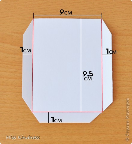 Вырезаем из плотной бумаги кармашек для "конвертика"  по размерам указанным на картинке. По красным линиям бигуем и загибаем.
Отогнутые части кармашка промазываем клеем, если есть двух сторонний скотч, то лучше пользоваться им, работа будет аккуратнее и чище.
 (фото 5)