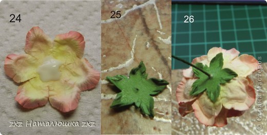 5-ю и 6-ю мажем клеем более экономно)))Приклеиваем,так же приминая у основания;дыроколим или вырезаем зелёный цветочек,протыкаем шилом,надрезаем мелко по краю,увлажняем,чуть прокручиваем между пальцами и приклеиваем на место!   Фууууух,дольше рассказывать,чем делать)))) (фото 10)
