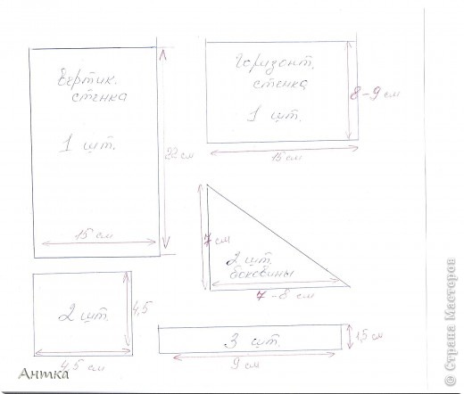 Даю точные размеры.
1. Вертикальная стенка В 22см, Ш 15см.
2. Горизонтальная стенка Ш 15см, Г 8-9 см
3. Боковинки треугольные - 2 штуки: В 7см, Г 7-8 см.
4. Кубики дерев. - 2 штуки:  4,5 * 4,5 см.
5. Брусочки - 3 шт. 1,5*1,5 см длина 9 см.
Опять повторюсь девочки декупажницы, наверное лучше для Вас фанера 1 см и приклеивать ПВА столяр (может есть и лучше клея, у меня столяр). А для теста ДВП. (фото 7)