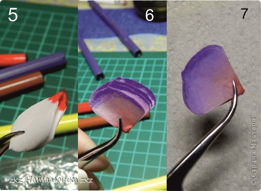 Когда бумага достаточно размокла-сворачиваем и красим заготовку,края лепестков прокрашиваем каждый(ф.6)Окунаем в водичку кончиками лепестков,кладём в файлик и несколько раз сильно приминаем пальчиками-не растираем,а именно приминаем,как бы выдавливая воду)Хорошо если получится,как на ф.7)))Если красим колерами или чернилами для принтера,все конечно чуть проще)) (фото 8)