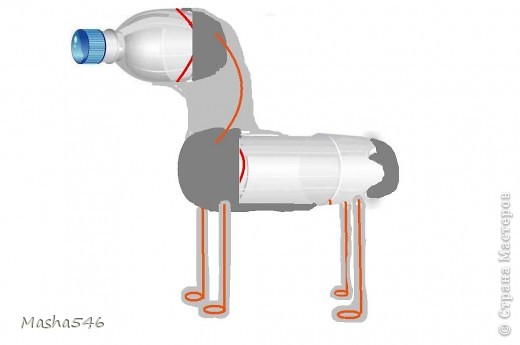 Обрезную бутылку без горлышка (горлышко не выбрасываем ) вдеваем проволоку желательно по толще (нужной длины ног ) на конце делаем петельки для копыт , зданию часть бутылки (попу)газетой предаём форму,проволоку от головы до тела вставляем и прочно закрепляем на теле , потом перед где (дырка,грудь коня )набиваем газетой по плотнее и предаем форму ,голова где дырка тоже набиваем газетой и придаём форм ,делаем шею газетой во круг проволоки плотно обматываем и то же самое с ногами предаём форму копытом И САМОЕ ГЛАВНОЕ ЧТО МЫ ГАЗЕТОЙ ОБМАТЫВАЛИ ТУГА ЛЮБЫМИ НИТКАМИ ОБМАТЫВАЕМ ПО ВВЕРХ ЧТО БЫ ПОЛУЧИЛАСЬ ПАУТИНА     . (фото 2)