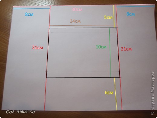 Берём лист бумаги и чертим прямоугольник (на рисунке чёрный) по данным размерам: (фото 3)